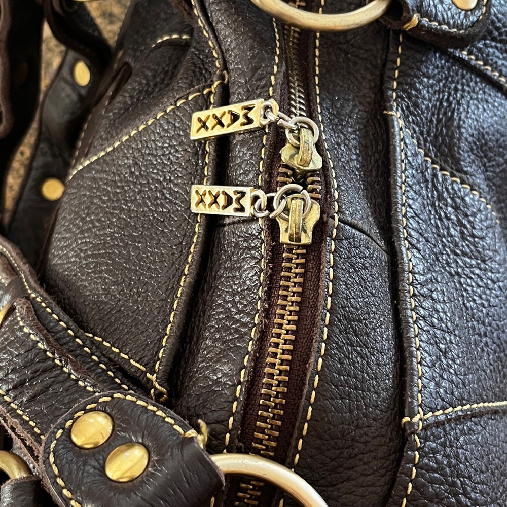MAXX NY Leather Shoulder Bag. Deep Expresso Brown, Gold Accents, Dust Bag - Picture 9 of 16